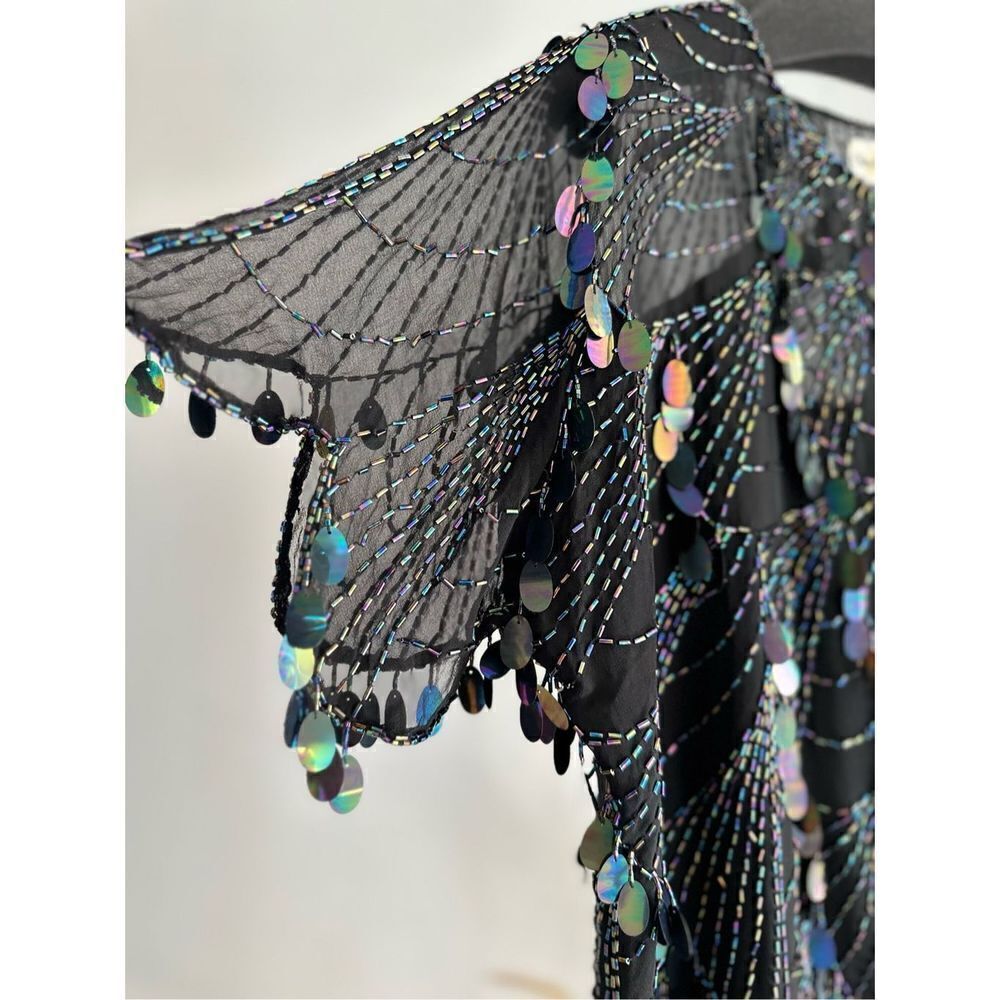 100% Silk Oleg Cassini Black Paillette Sequins Top Blouse Vintage Medium - Picture 5 of 7